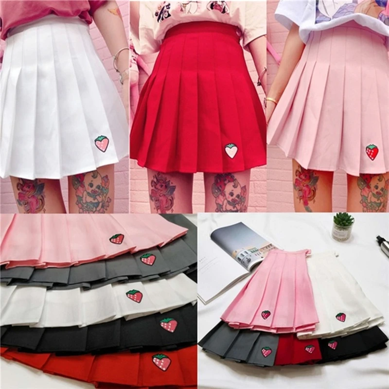 

S-XXL Four Colors Summer New A-Line Women Skirt High Waist Strawberry Embroidery Pleated Skirt Women Safety Pants Mini Skirt