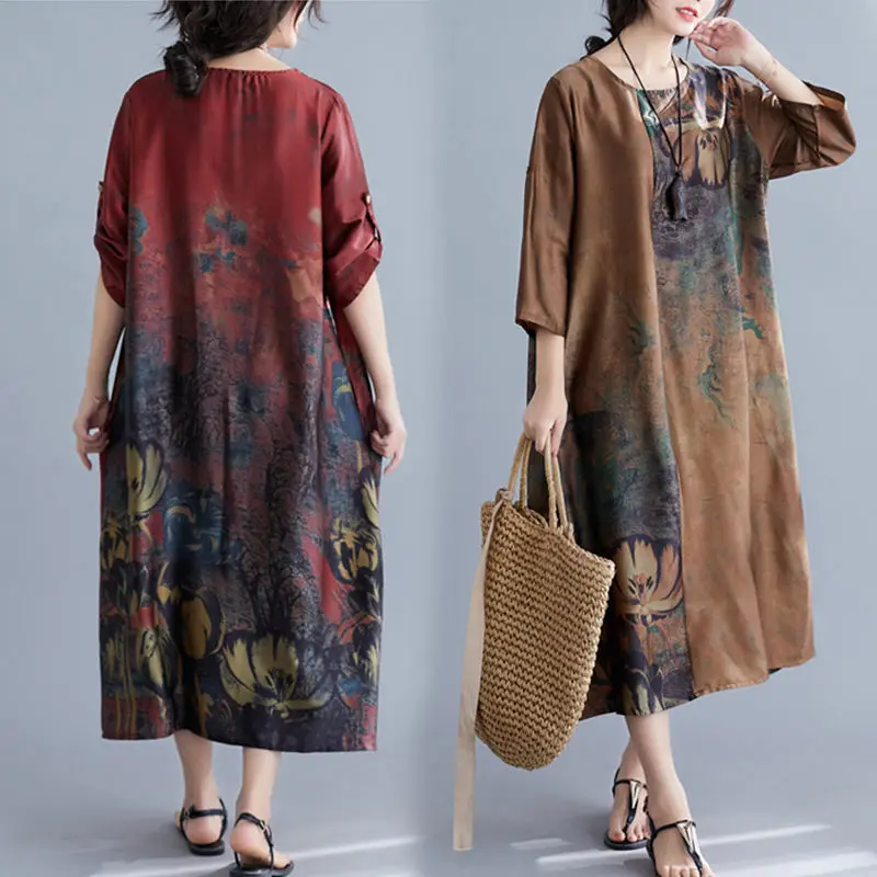 Женское Свободное платье с чернильным принтом повседневное винтажное большого