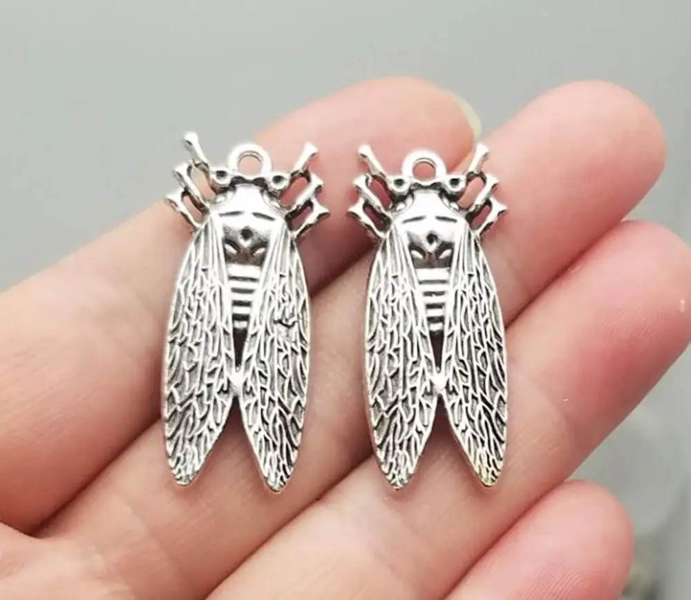 10 шт./лот-16x37 мм, антикварные посеребренные Подвески Цикада, товары для рукоделия, аксессуары для ювелирных изделий