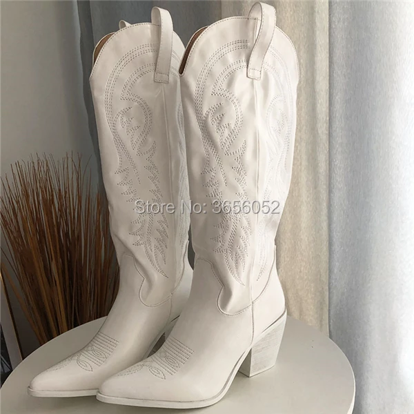 Qianruiti Black White Blue Red Embroidered Leather Botines Mujer 2019 Autumn Winter Shoes Women Western Cowboy Long Riding Boots | Обувь