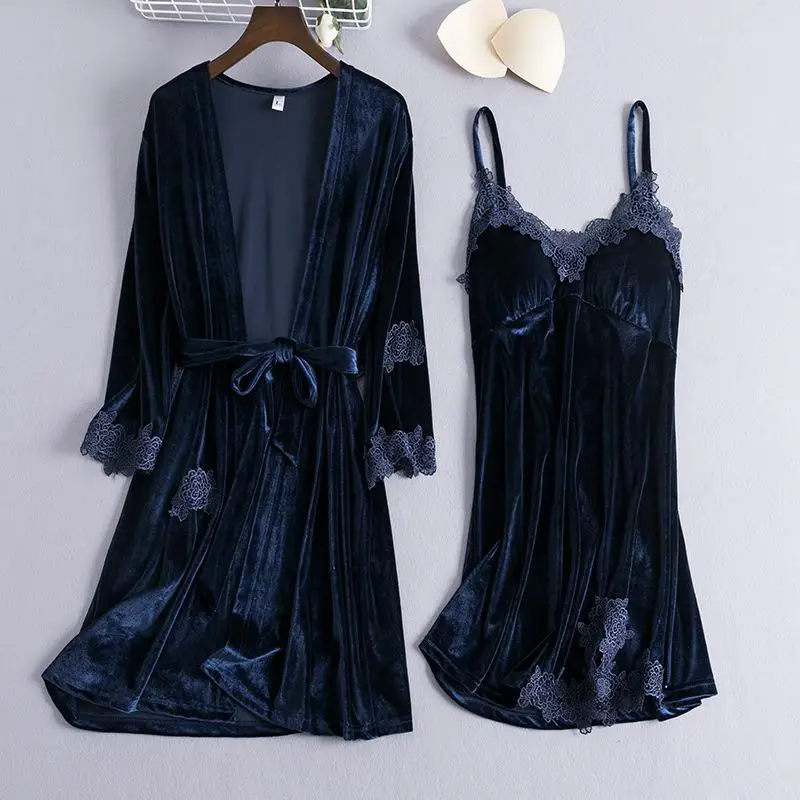 2PCS Navy Blue Бургундия 2 шт. юная леди велюровый Халат набор осень зима пижамы домашний халат бархат кимоно халат ночная рубашка - Цвет: 2PCS Navy Blue
