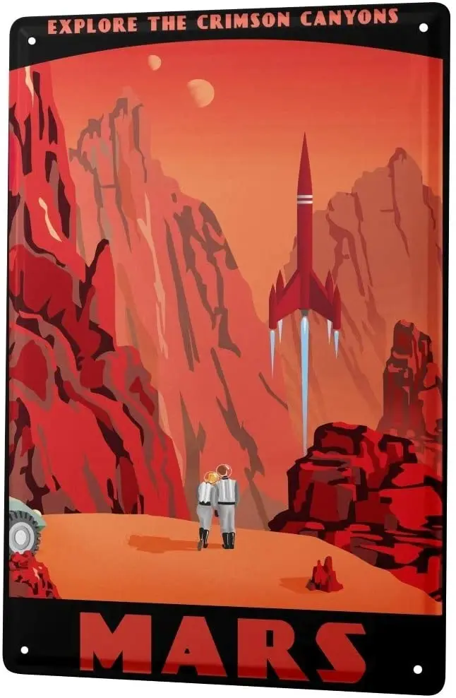 

Retro Tin Sign Metal Plate Decorative Sign Home Decor Plaques Wall Decor Space Crimson Canyons of Mars Metal Plate 8X12