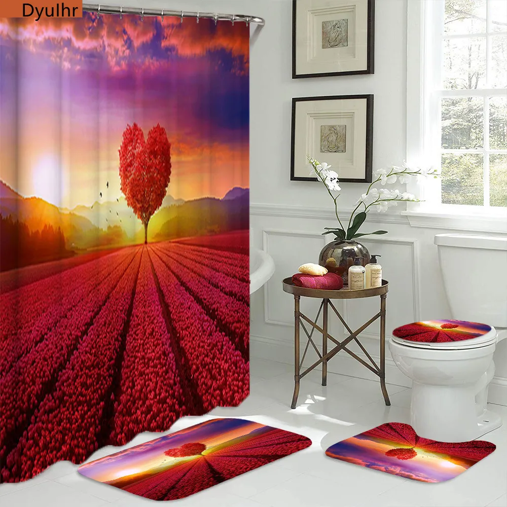 

Bathroom Accessories Landscape Printing Polyester Waterproof Shower Curtain Toilet Seat Mat Floor Mat Bathroom Kit DyuIhr