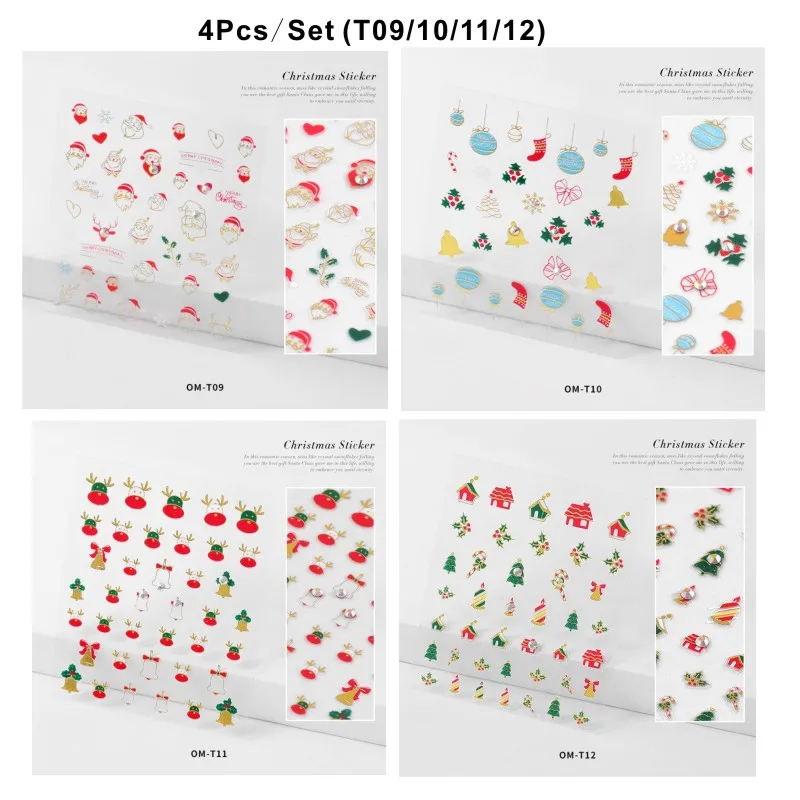 4Pcs T09-10-11-12 4 шт./компл. 3D Рождество стикер снежинки для ногтей, для нанесения с помощью клея на Рождество, с изображениями Санта-Клауса и снеговика, клей Маникюр наконечник Олени Санта-Клауса и надписью слайдер наклейки для ногтей - Цвет: 4Pcs T09-10-11-12