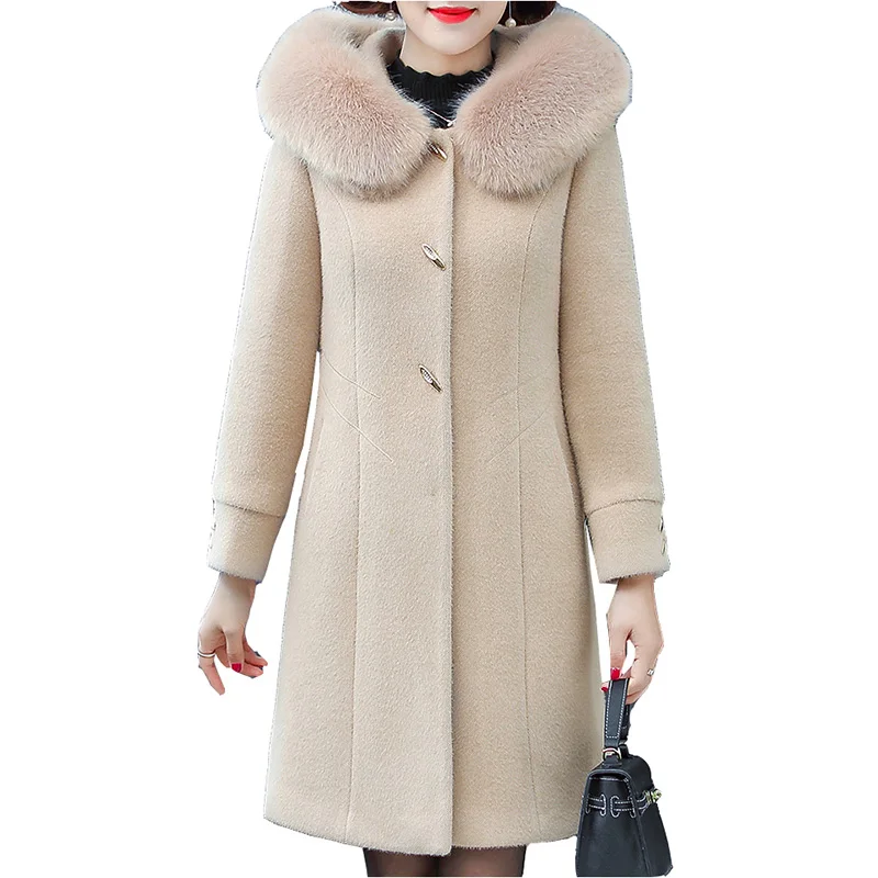 

High-quality women's winter clothing mink down coat new loose hooded woolen coats ladies thick mid-length parka overcoat