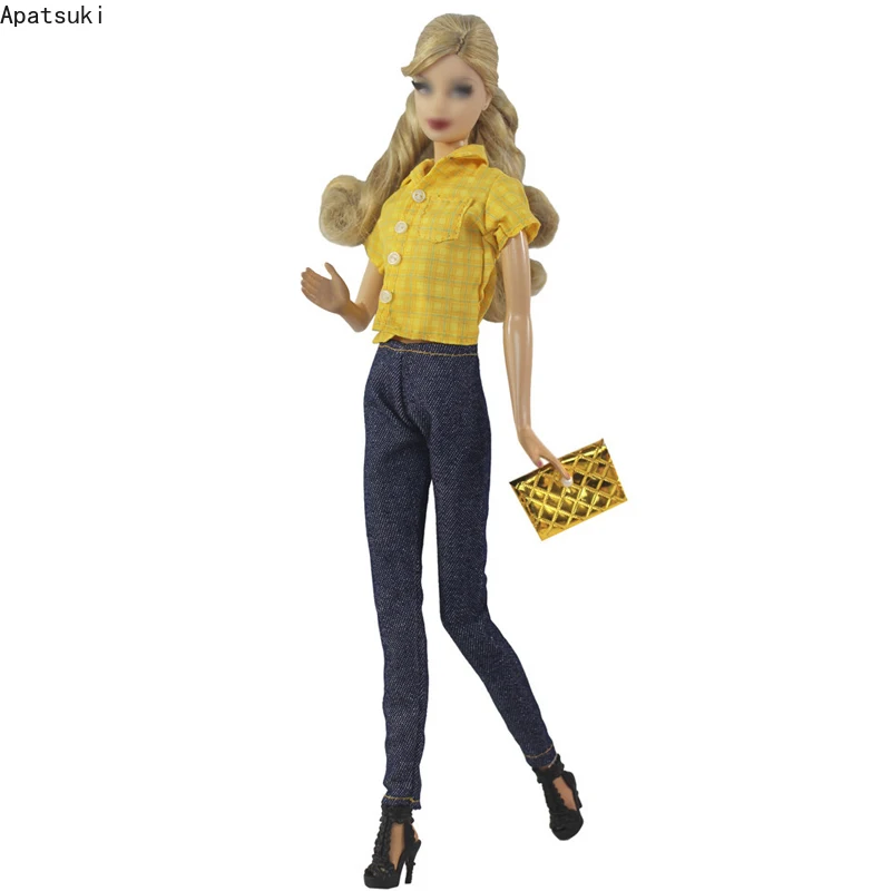 Yellow Blouse Shirt Denim Jeans Trousers Pants Purse Fashion Outfits For Barbie Doll Clothes Set 1/6 Dollhouse Accessories Toys