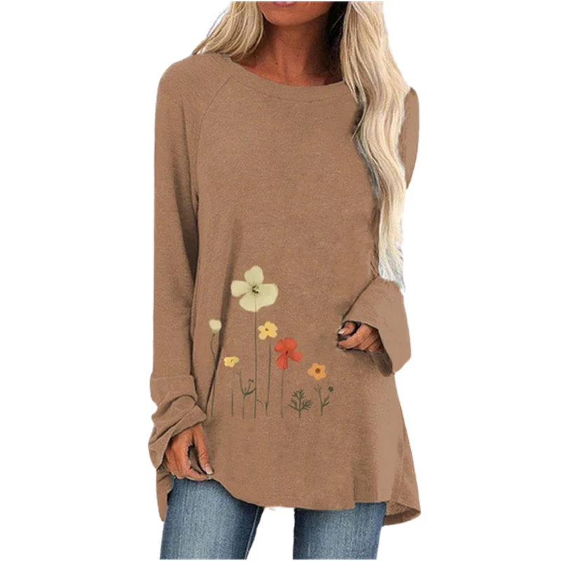 Spring And Autumn Shirt Large Size O-Neck Fashion T-Shirt 2021 Floral Print Long Sleeve Loose Casual Top Street Wear
