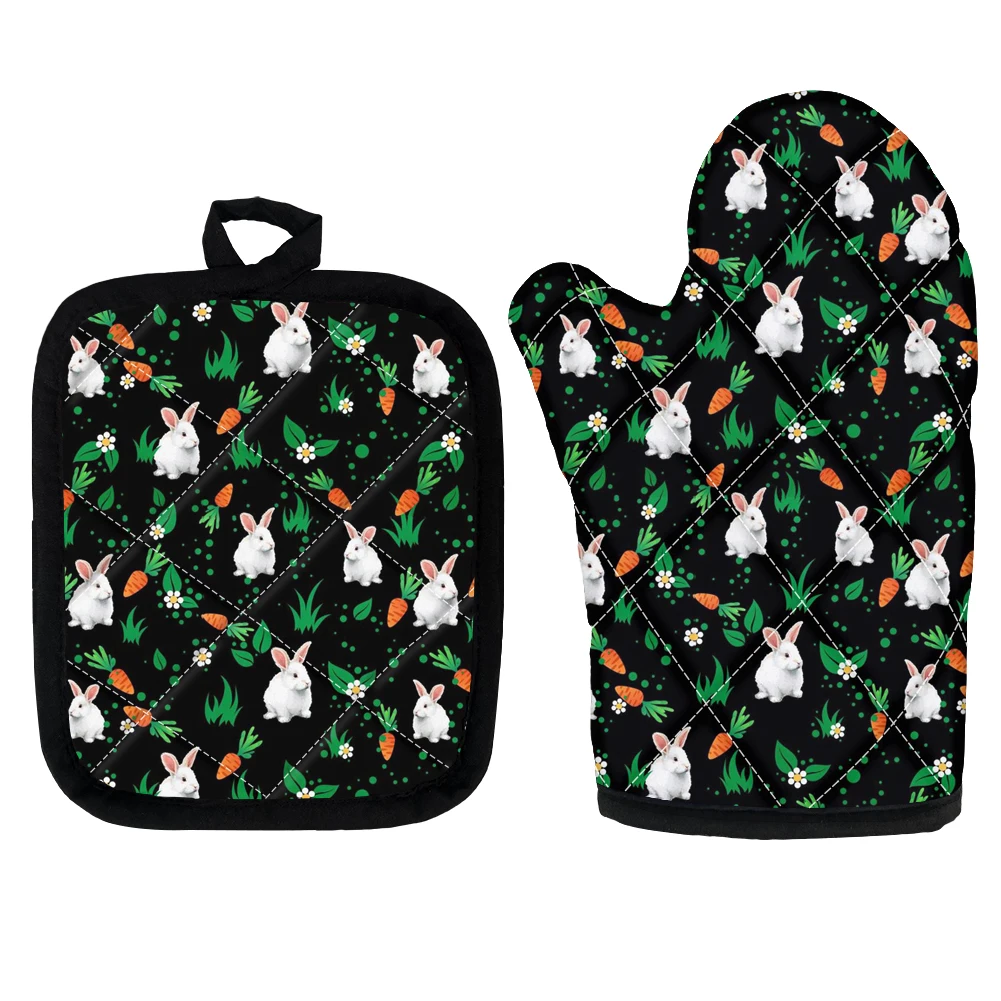

Kitchen Oven Gloves Cute Rabbit Print Non-slip Polyester Mitten and Mat Set Heat Resistant Baking Potholder Cooking BBQ Tool