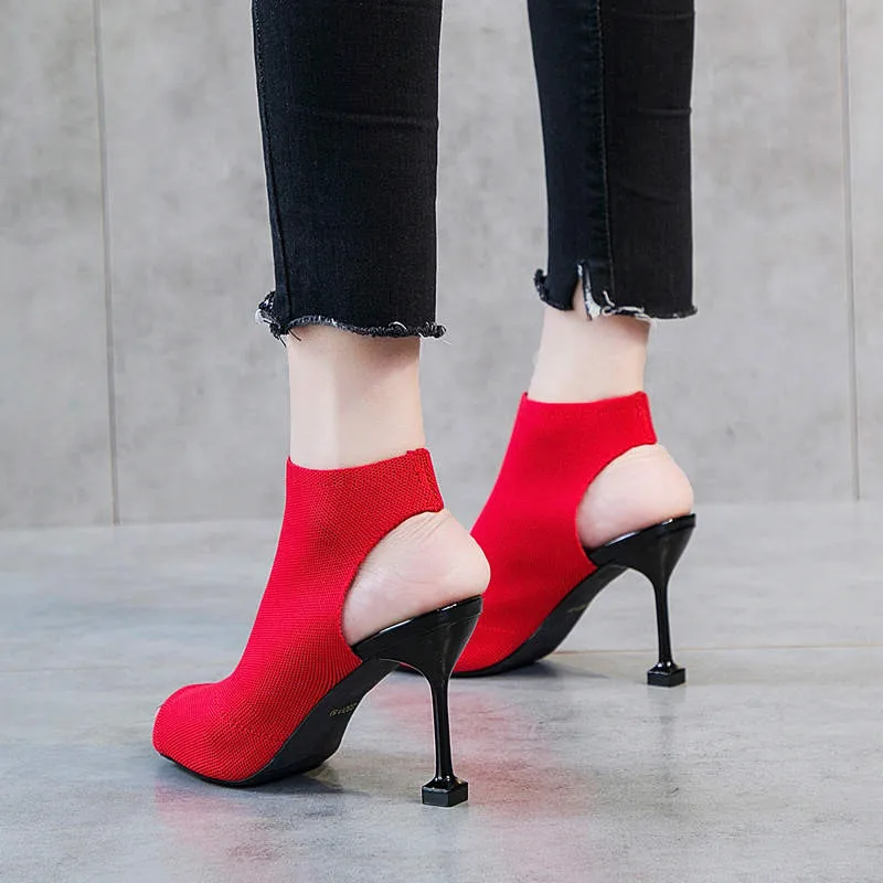 Сандалии женские на высоком каблуке вязаные эластичные сетчатые Босоножки с