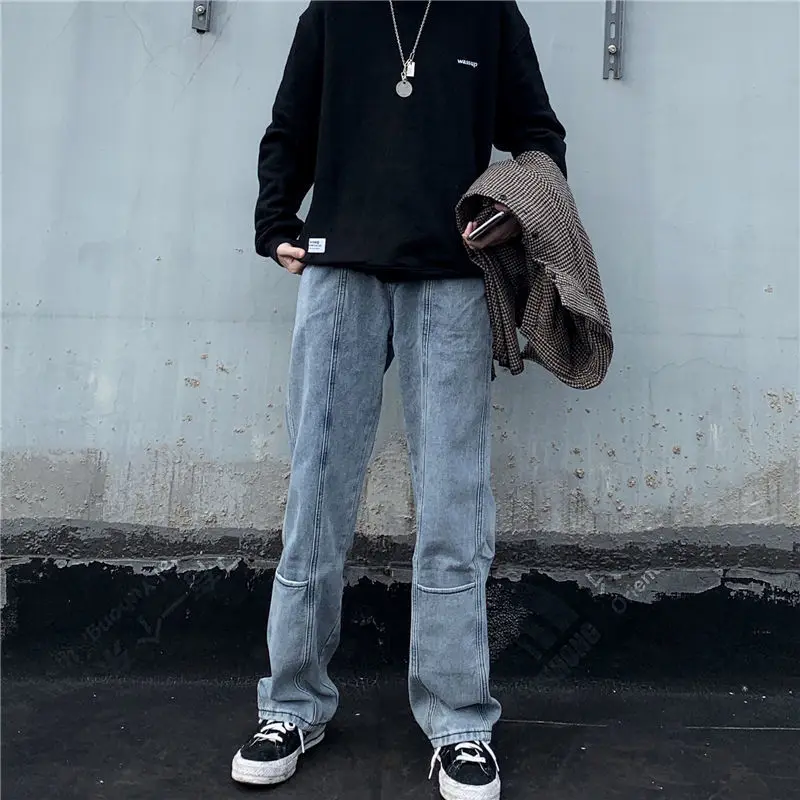 ICCLEK 2021 New Pants Men's Jeans Autumn Jeans Loose Straight Wide-leg Pants Cargo Jeans  Mens Street Wear  Blue Jeans