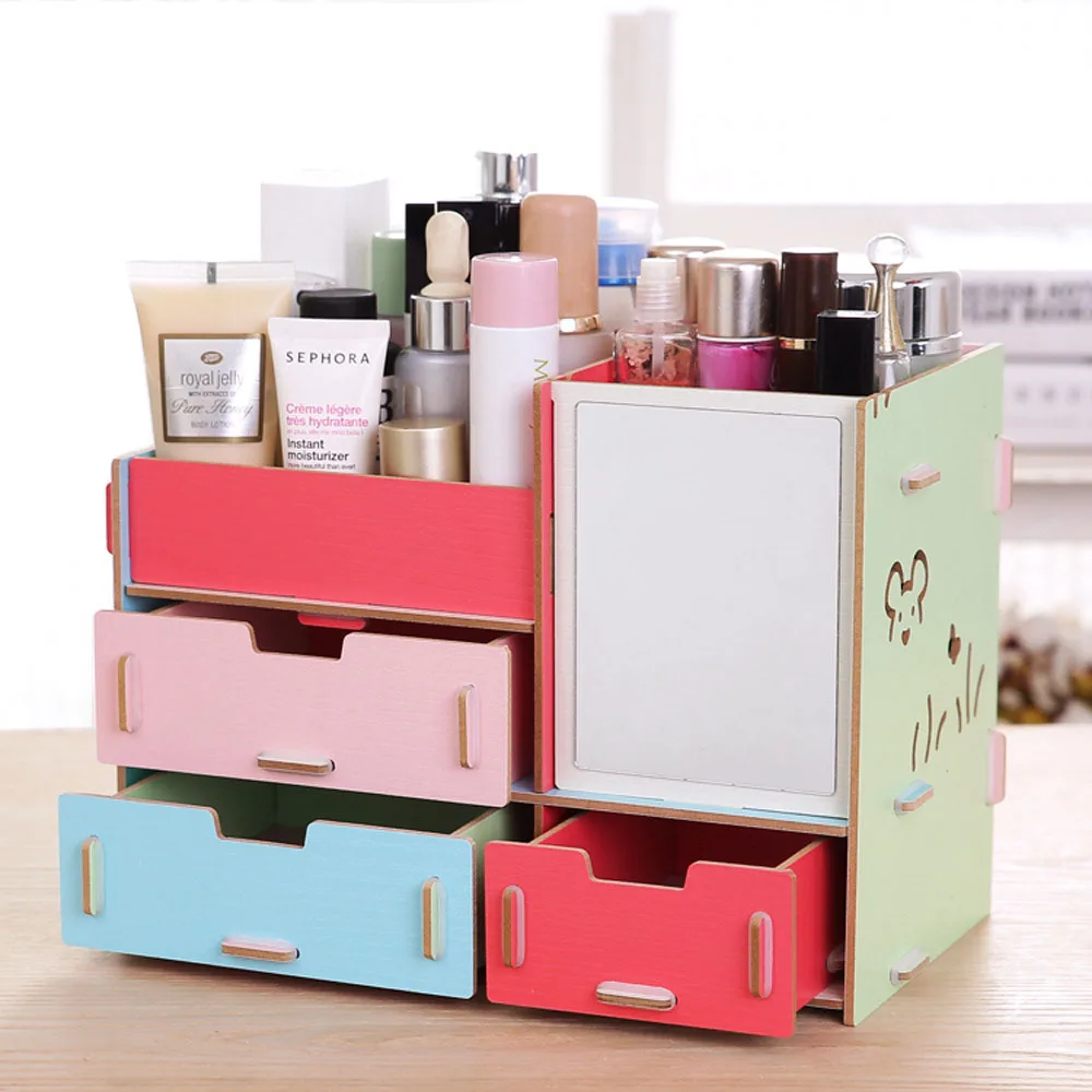 

Drawer Cosmetic Box Desktop DIY Wooden Stationery Mobile Phone Toy Sundries Storage Box with mirror