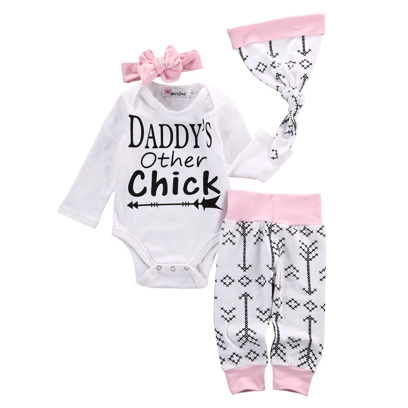 

4PCS Newborn Baby Girl Set Spring Clothes Long Sleeve Letter Romper Arrow Long Pants Hat Headband Outfits Clothing Suit 0-18M