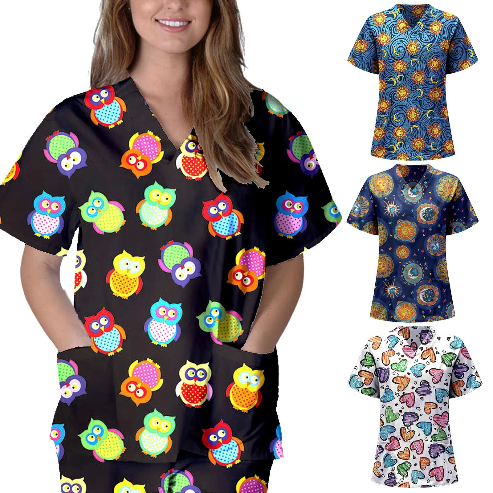 

2021 Women Cute Cartoon Print Nurse Uniform Short Sleeve V-neck Tops Casual Nursing Working Uniform T-shirts