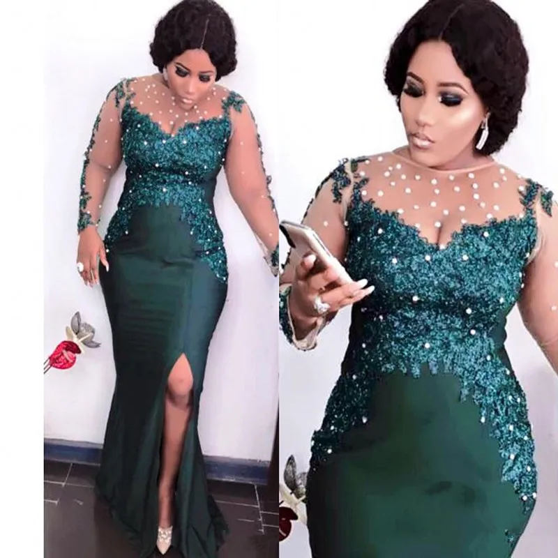 

Hunter Green Sexy Evening Dresses 2020 Beaded Aso Ebi Arabic Illusion Long Sleeve Mermaid Sheer Neck Prom Reception Gown