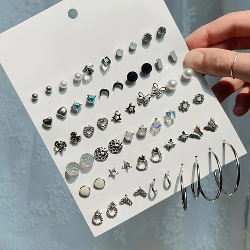 

30 Pairs/lot Women's Stud Earrings Set Mix Heart Lock Cross Geometry Crystal Earings Imitation Pearl Ear Studs earrings rings