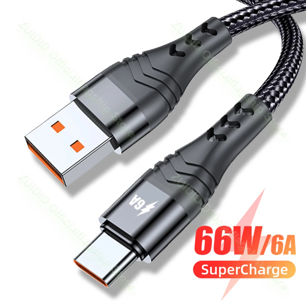 

66W USB Type C Fast Charging Cable 6A 5A For Huawei SCP FCP Xiaomi Samsung AFC QC3.0 Flash Charge VOOC Phone Data Cord 1/2/3M