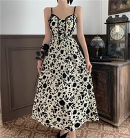 korean v neck black printed suspender dress womens 2021 summer dress long dresses for women party wedding cotton