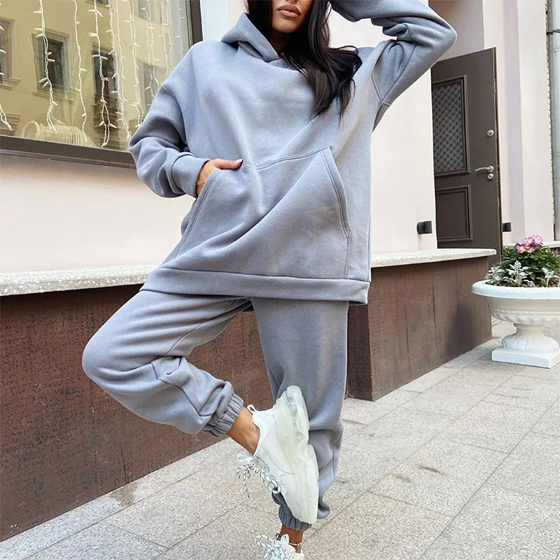 Однотонный флисовый спортивный костюм для женщин с длинным рукавом и капюшоном |
