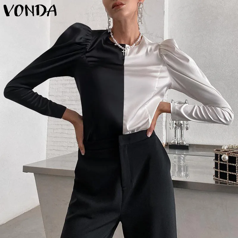 

Новые женские рубашки 2021 VONDA элегантные рубашки в стиле пэчворк Повседневная Блузка с длинным рукавом и круглым вырезом Туники женские топы...
