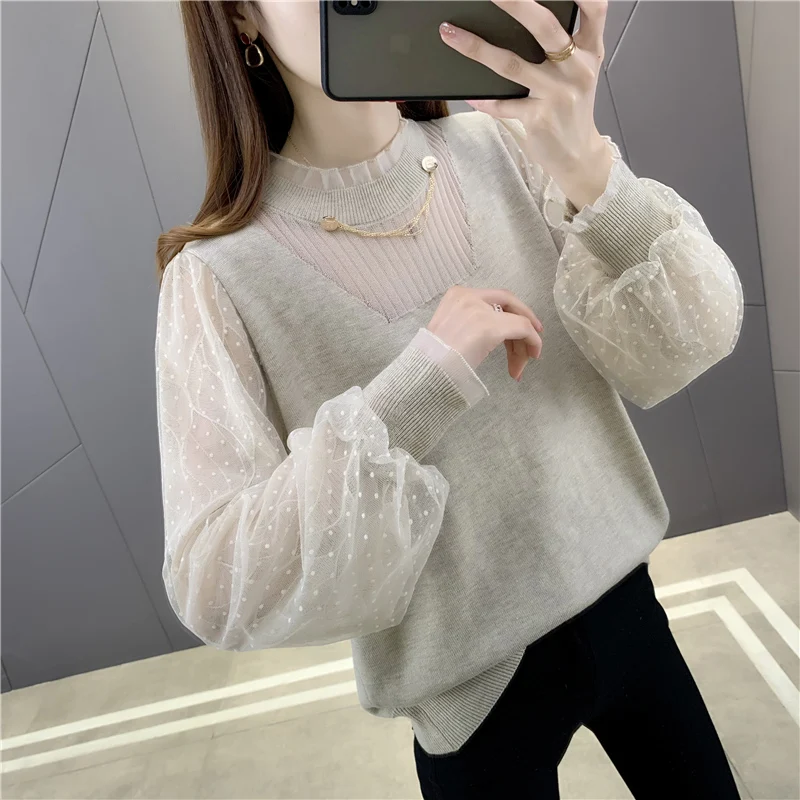 

19763 real shot round neck mesh stitching lace sleeve T-shirt 50