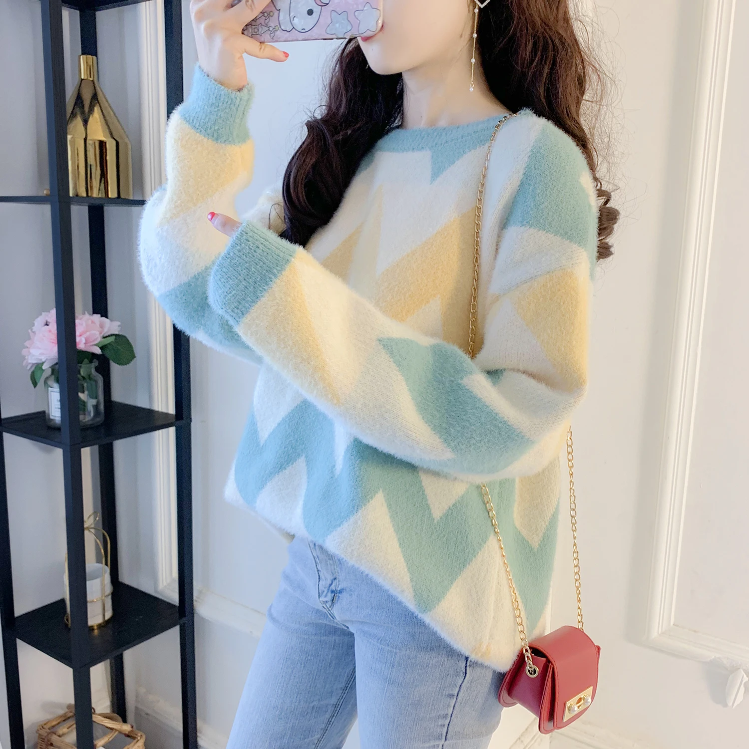 Mink Cashmere Spring 2020 winter knitted sweater velvet striped pullover Women sweaters and pullovers oversized 45G | Женская одежда