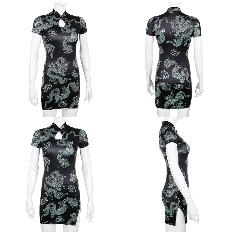 

Womens Chinese Style Dragon Print Short Sleeve Mini Bodycon Dress Keyhole Button Stand Collar Split Hem Vintage Cheongsam 101A