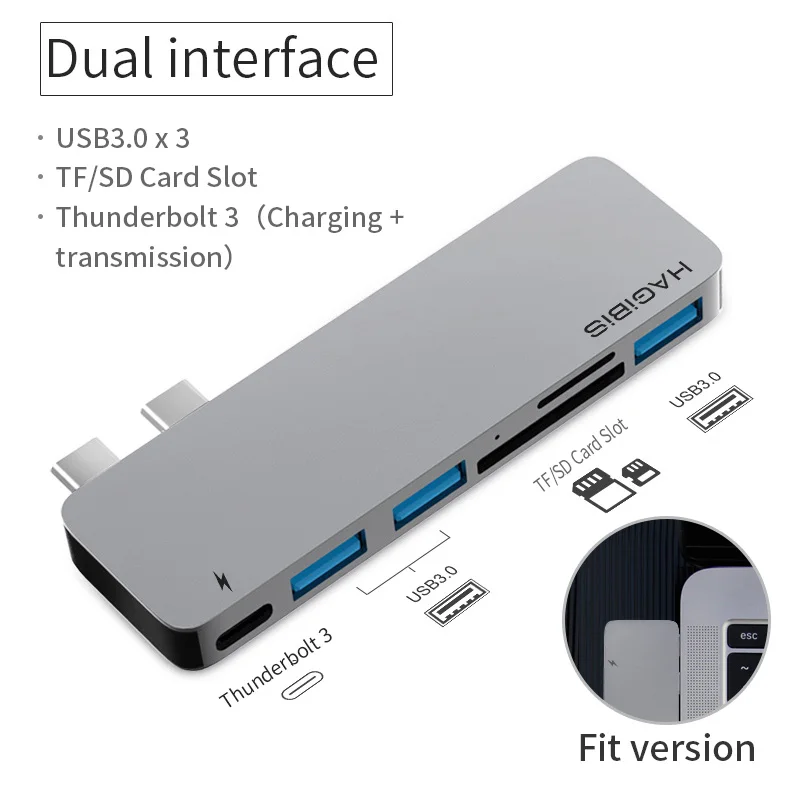 Hagibis 7-в-1 двойной USB-C концентратор Тип-C USB HUB адаптер USB-C к HDMI SD/TF Card Reader PD зарядки 4 к HD для MacBook Pro USB 3,0 концентратор - Цвет: 6 in 1
