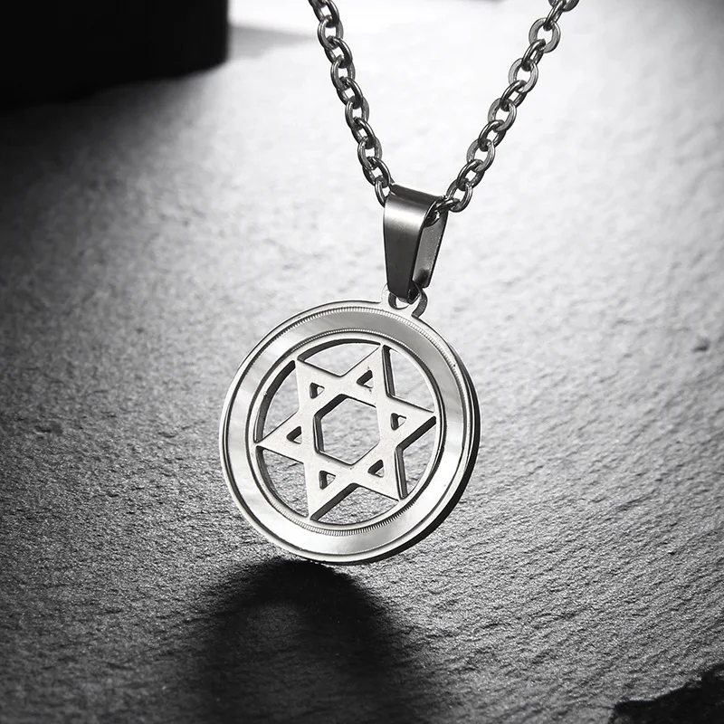 Мужское ожерелье серебряного цвета с гексаграммой Круглый Кулон StarOfDavid для