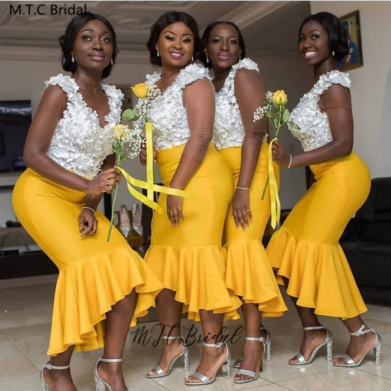 

Золотые короткие платья подружки невесты 2020, белые цветы, Русалка, V-образный вырез, Африканское свадебное платье для гостей, индивидуальный...