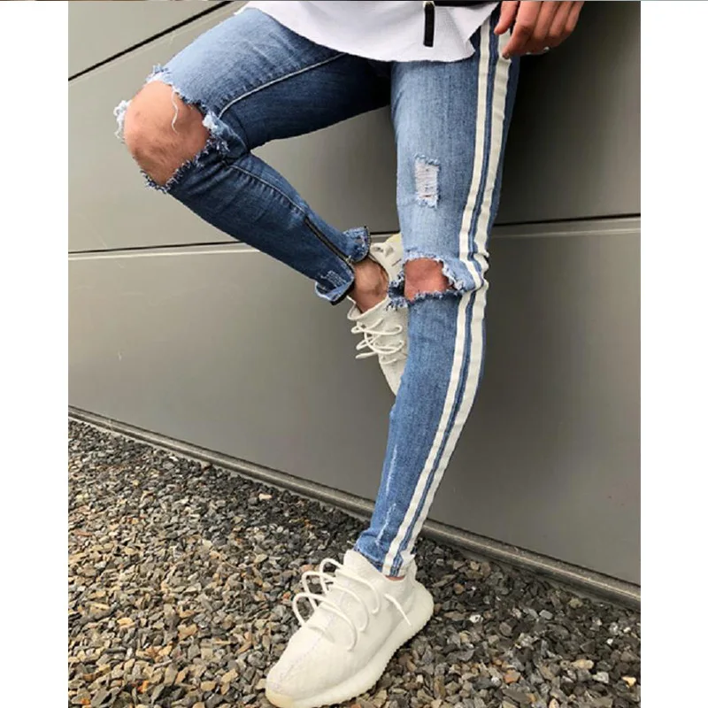 

Fashion Jeans Men Hot Ripped Skinny Jeans Striped Hip-hop Casual Pants Steetwear Denim Pants Plus Size Men Jeans