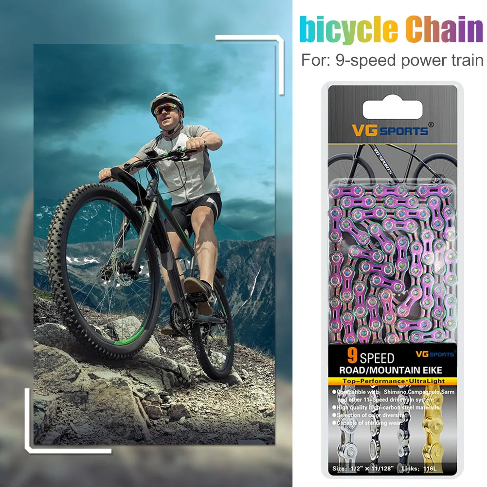 

VG Sports 9 Speed colorful Bike Chain MTB Bicycle Chain Half Full Hollow Titannium Nitride Coating Road Bike Chains 116L LINK