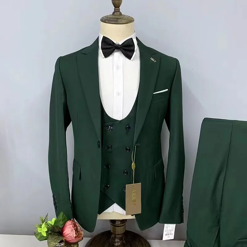 

Green Iitalian Man Suit 3 Pieces Classic Business Blazer +Vest +Pants Men Wedding Party Stage Groomsmen Costume Homme Suits Sets