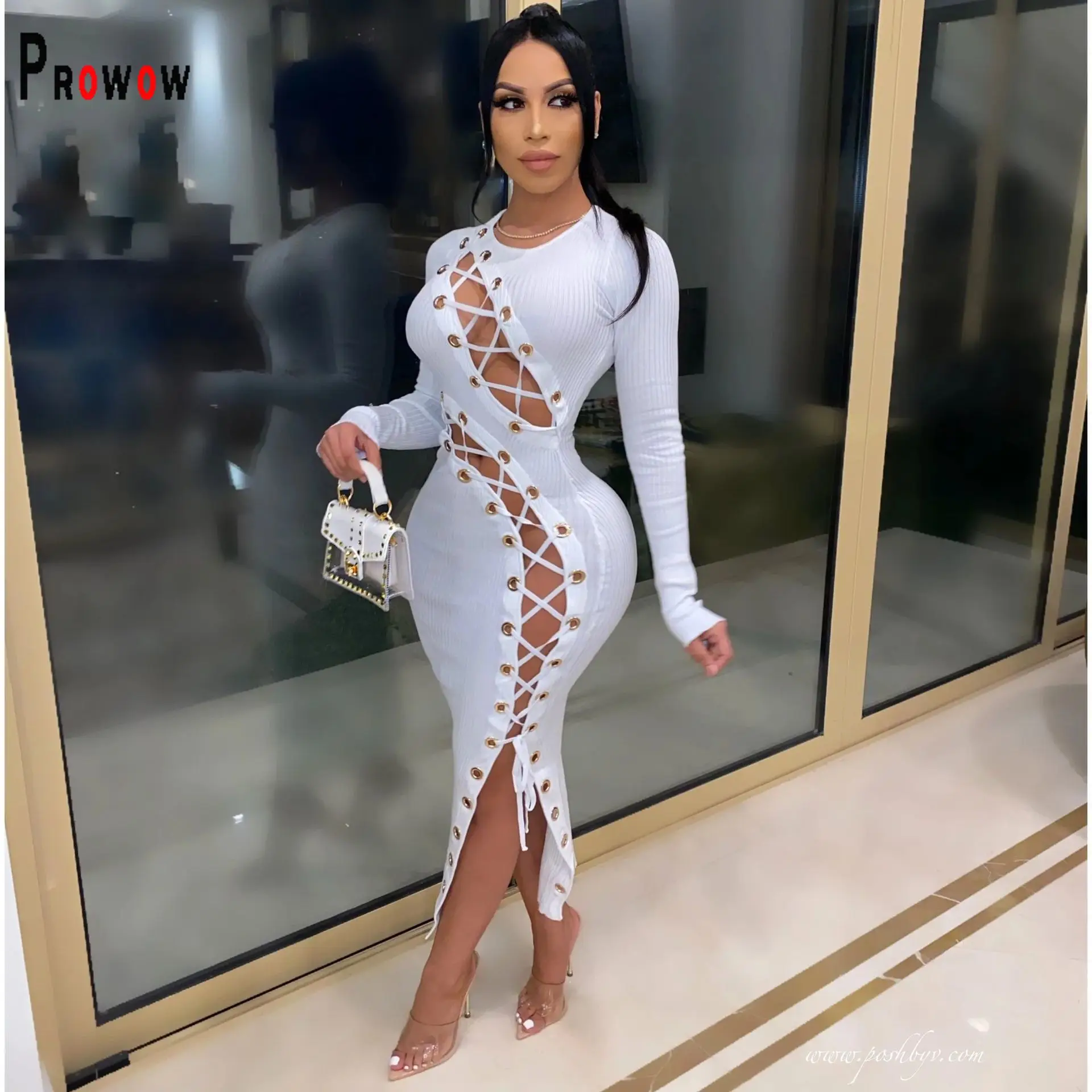 

Prowow Sexy Women Bandage Hollow Out Dress Long Sleeve Knitted Dresses for Party Night Club High Stretched Ladies Outfits