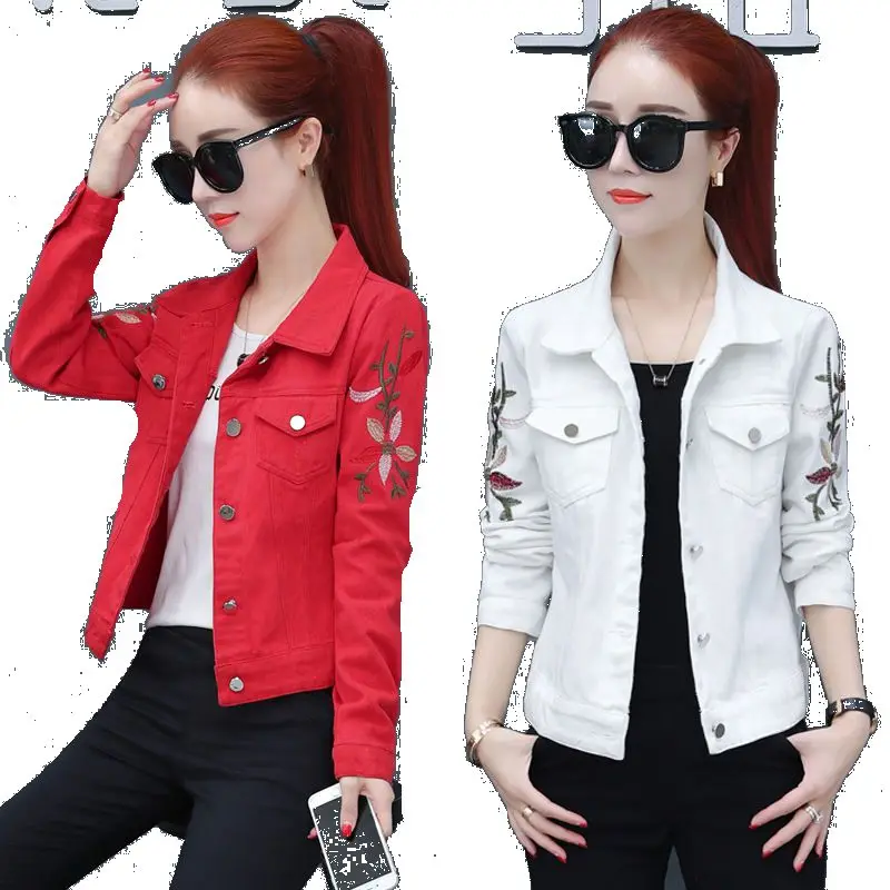 Korean Slim White Red Denim Jacket Women Embroidered Long Sleeve Coat Female Spring Cropped Jean Jackets  Manteau Femme
