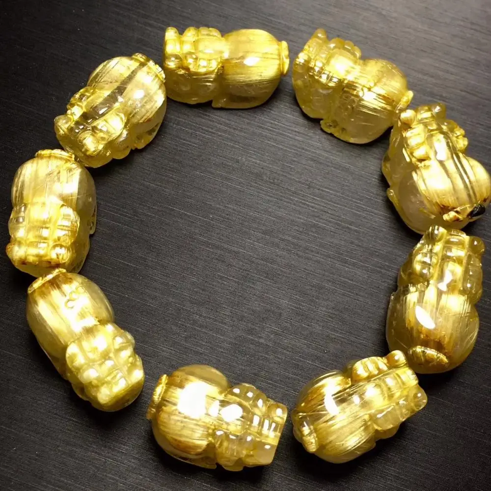 Kaufen Top Natürliche Brasilien Gold Rutilated Titan Armband Für Frau Mann Kristall Pi Xiu 21x14mm Perlen Stretch Schmuck AAAAA Zertifikat