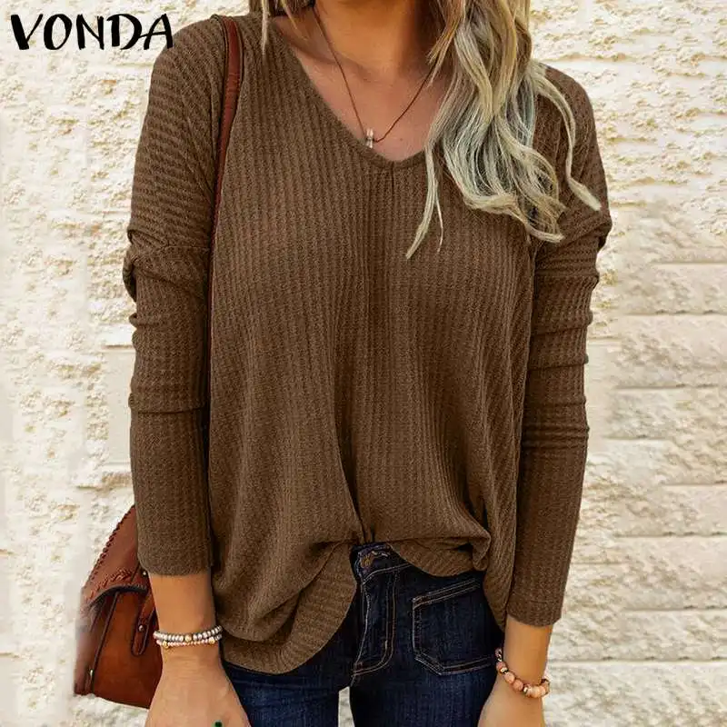 

Long Sleeve Autumn Blouse VONDA Women Solid Color Vintage Bohemian Blusas Femininas V Neck Knitted Tops Oversized Pleated Tops