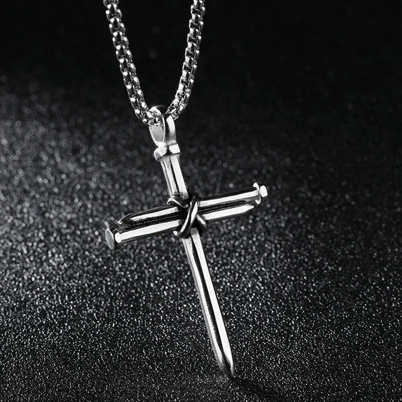 

Cross Punk Men Personality Necklace Black Silver Color Stainless Steel Nail Cross Pendant Necklace Jewelry