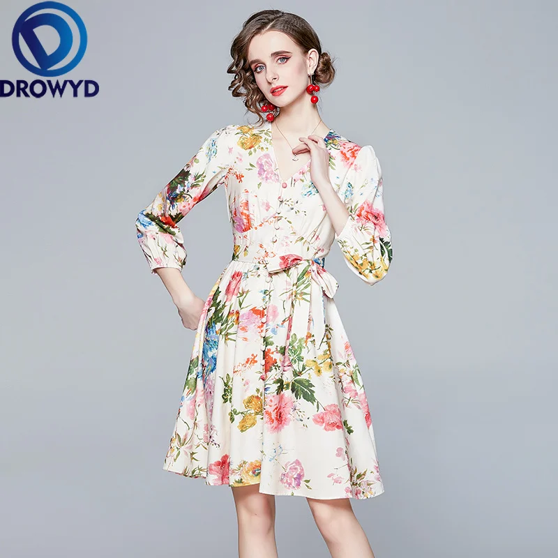 

Summer 2021 Fashion Runway Luxury Flower Print Square Collar V-neck Dress Women Long Sleeve A Line Casual Elegant Ruched Dresses
