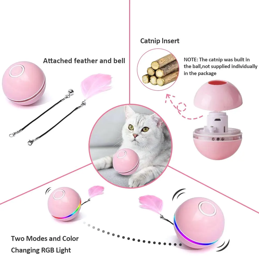 

Smart Interactive Cat Toy Colorful LED Self Rotating Ball With Catnip Bell And Feather Toys USB Rechargeable Cat Kitten Ball Toy