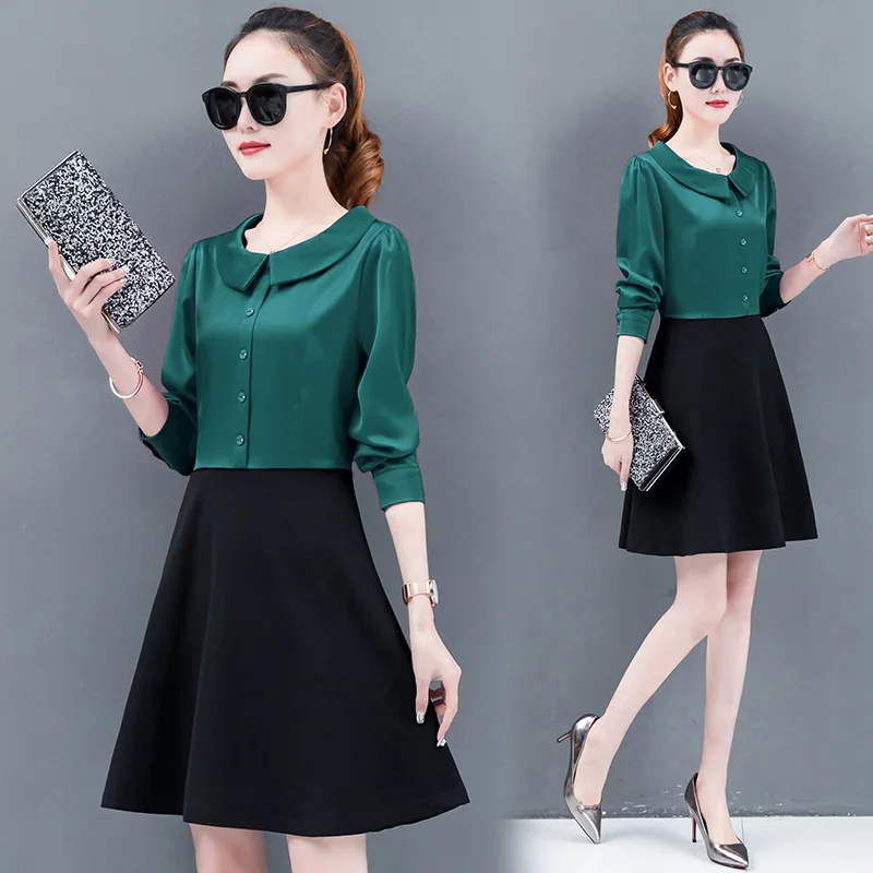 2019 Новое Осеннее женское платье Питер Пэн воротник полный рукав тонкий сборный