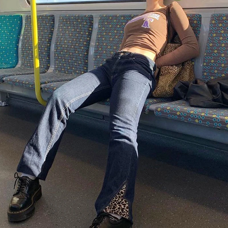 

Women High Waist Straight Leg Jeans Vintage Leopard Print Patchwork Slim Denim Pants Harajuku Casual Long Trousers with Pockets