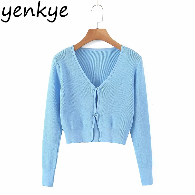 

YENKYE Fashion Women Solid Single Breasted Knit Cardigan Ladies Long Sleeve V Neck Crop Outerwear Summer Tops