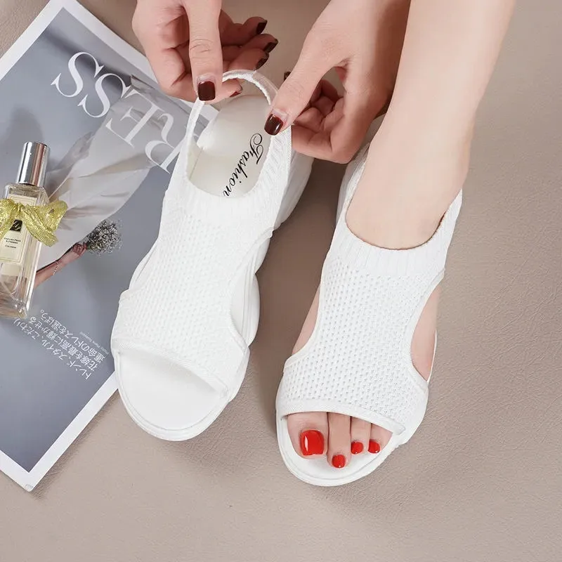 

Black Stretch Fabric Women Sandals Summer Hollow Non-Slip Beach Leisure Shoes Fashion Light Open Toes Platform Walking Shoes