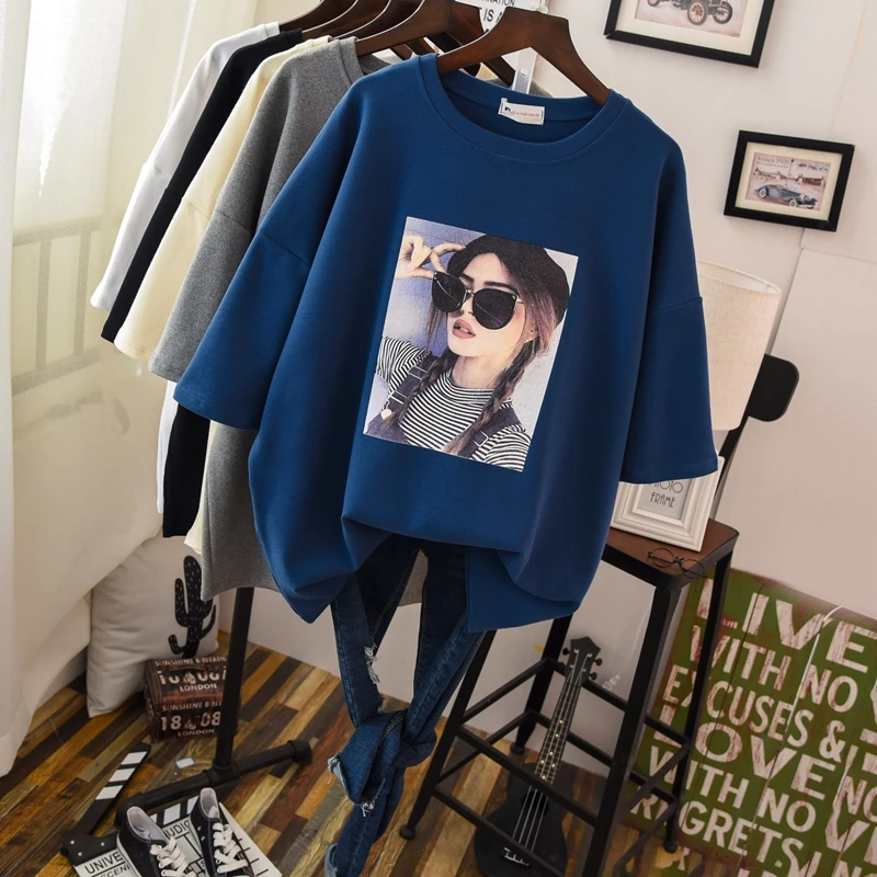 

Fashion Women Short Sleeve Thick T Shirt 2021 Winter Autumn Large Size Loose Printing Cotton Casual Tee Top Maxi Size