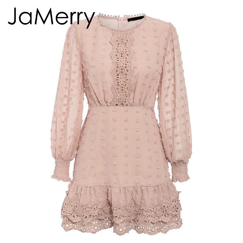 Розовый JaMerry винтажное Сексуальное Белое Кружевное короткое платье, женское длинное платье с рукавами-фонариками в горошек, женское роскошное тонкое вечернее мини-платье vestidos - Цвет: Розовый