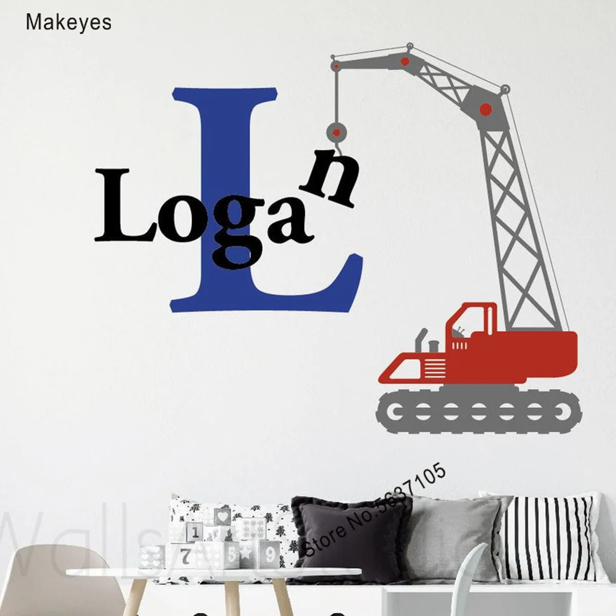 

Makeyes Custom Boys Name Wall Stickers Initial Big Letter Wall Decal Trucks Construction Wallpaper Kids Children Baby Decor Q664
