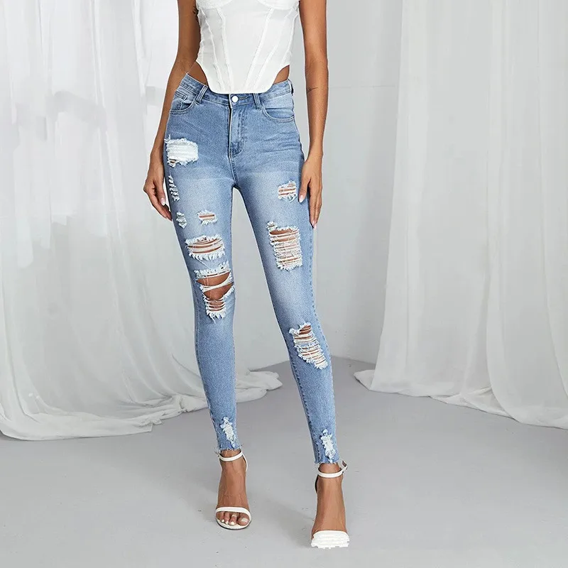 

2021 SpringSummer Hight Waist Ripped Women's Jean Spandex Denim Trousers JD X628