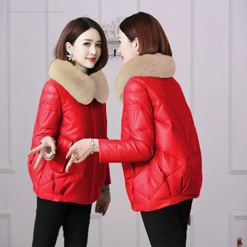 Leather jacket women short 2021 winter new cotton jacket loose  imitation fox fur collar fur PU leather thick jacket coat A292