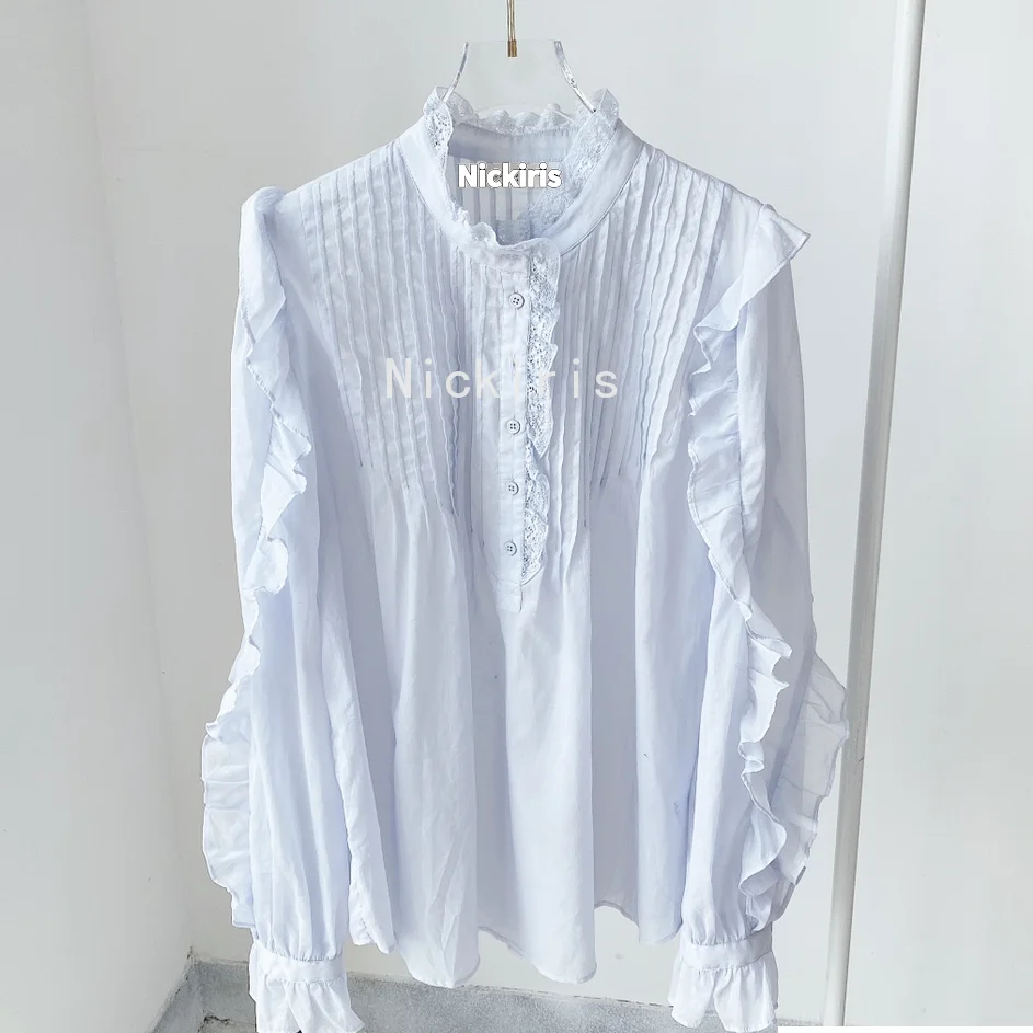 

100% Fine Cotton Ruffles Lace Trimming Black Blouses 2021 Early Spring France Romantic Long Sleeve Ladies White Shirt