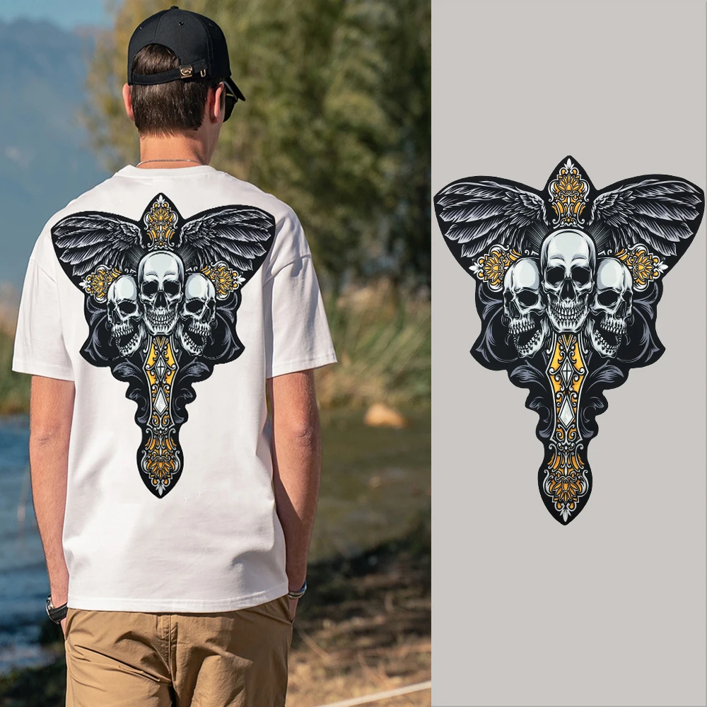 

Large Sew Patches for Clothes 3D Cross Skull Punk 3 Heads Badge Jeans Jacket T Shirt Dress DIY Appliques Crafts Decoration